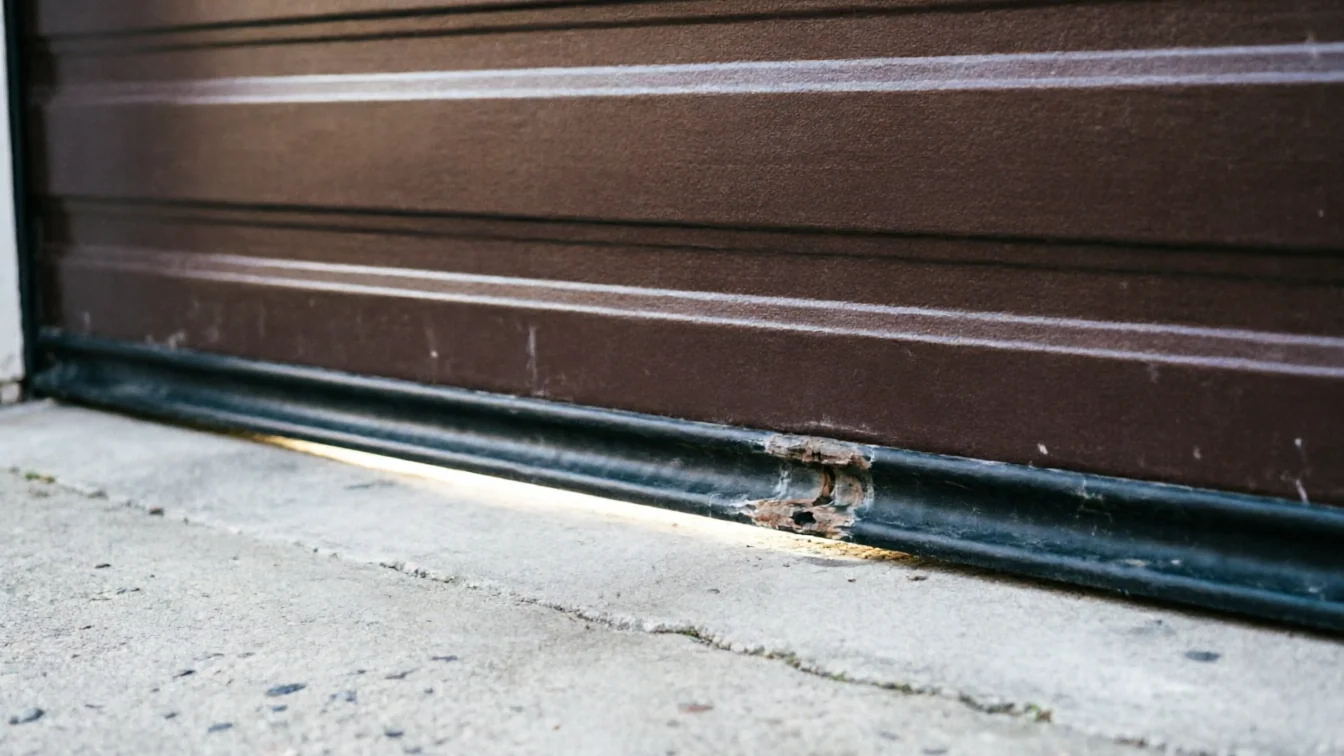 The bottom of a brown garage door shows a rusted seal and a gap.