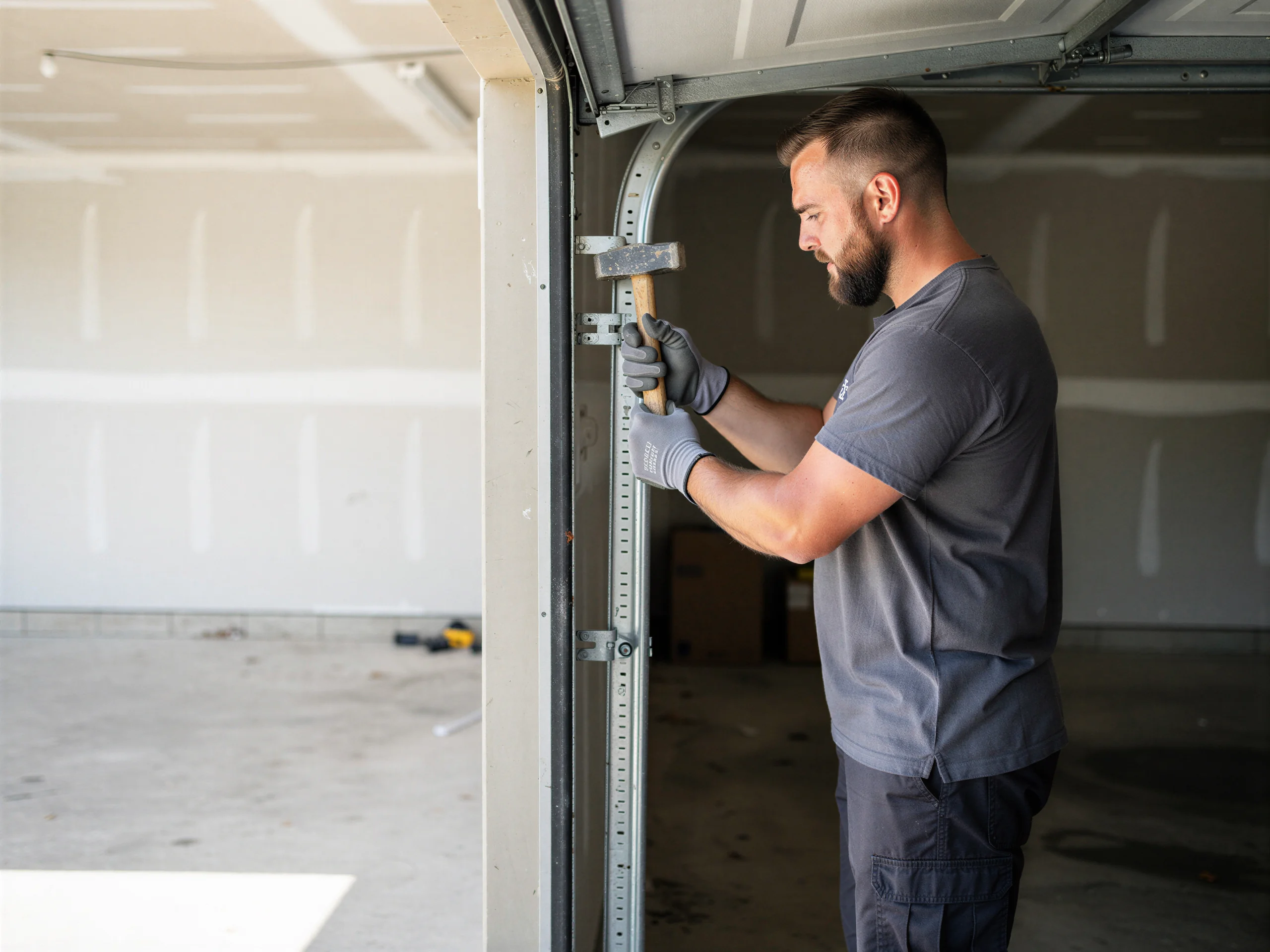 A technician in gloves uses a hammer on a garage door track.