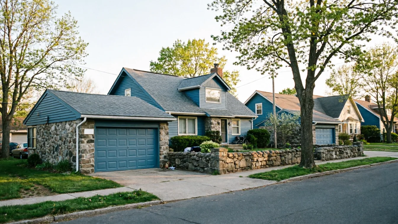 A blue house with a blue garage door and stone facade is visible from the street.