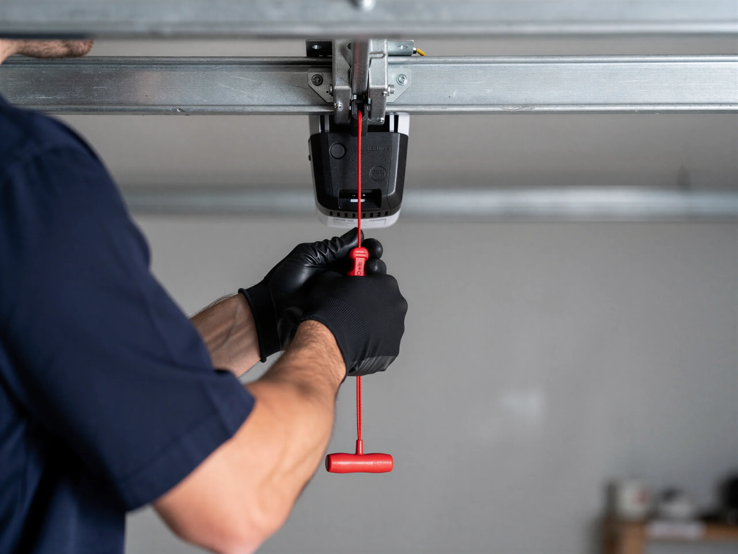 A technician in black gloves pulls the red emergency release cord on a garage door opener.